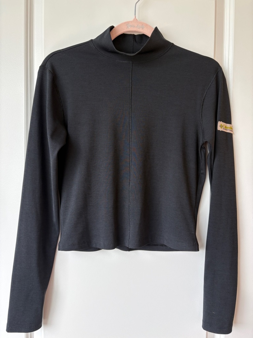 Columbia Charcoal Ribbed Mock Neck Top with Logo Patch